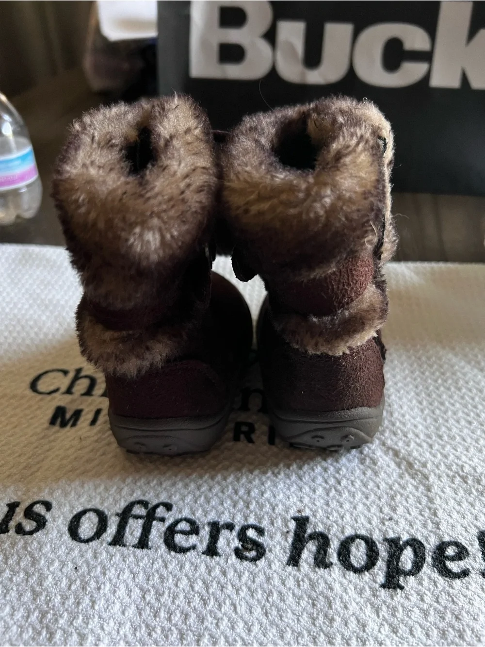 Faded Glory Toddler Brown Faux Fur Pom Booties